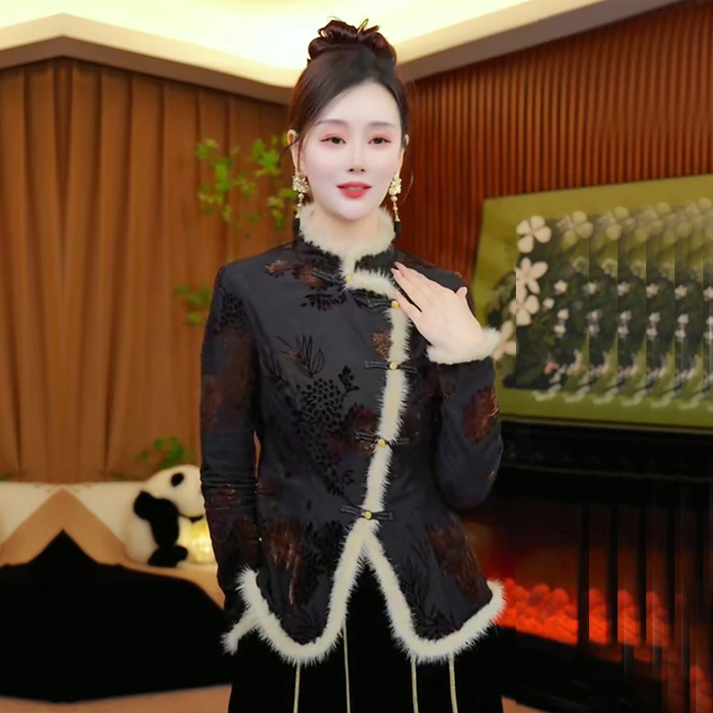 冬季新中式国风复古烧花毛毛拼接显瘦打底衫女网红加绒保暖上衣潮