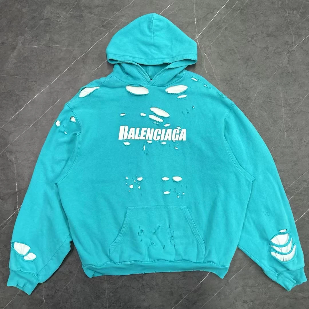 Balenciaga/99新/xs码 巴黎世家水洗做旧破坏假两件帽衫 湖水蓝