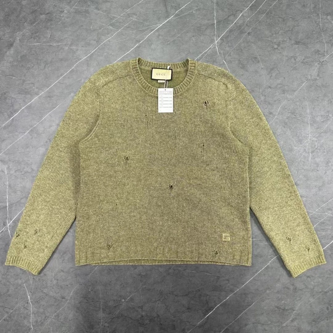 99新 GUCCI/古驰 xl码 古驰 草绿色 破坏做旧毛衣