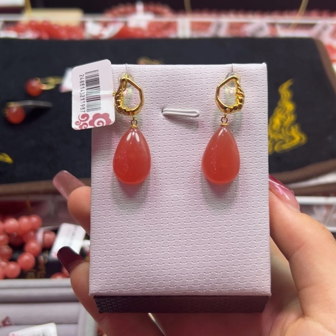 【闪购商品】菱锰矿（红纹石）耳饰18K金镶嵌