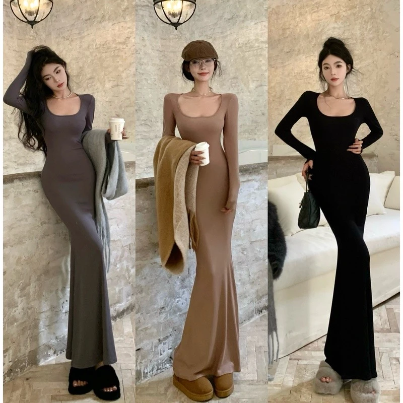 150小个子赫本风气质长袖连衣裙女秋冬御姐范打底方领鱼尾中长裙