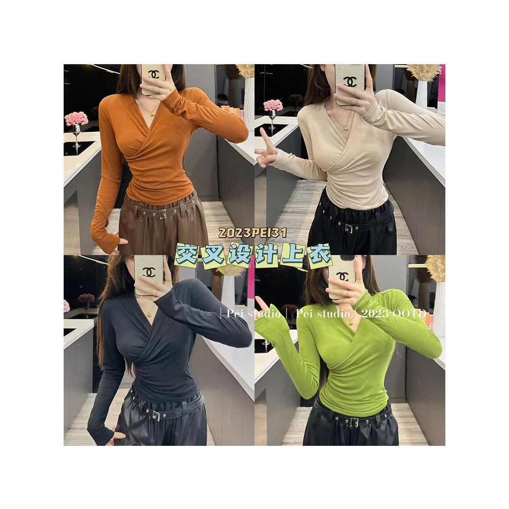 （女装穿搭）交叉V领长袖T恤女高级感修身显瘦百搭收腰小上衣