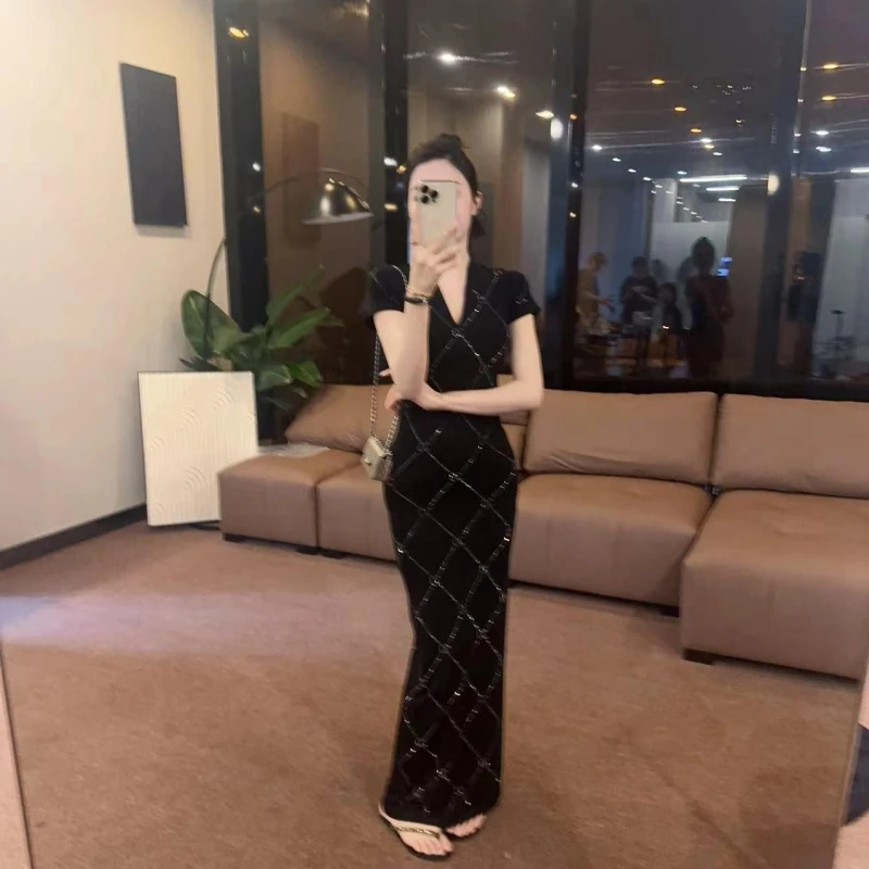 气质高定满天星V领短袖连衣裙夏季修身显瘦轻奢烫钻拖地长裙女