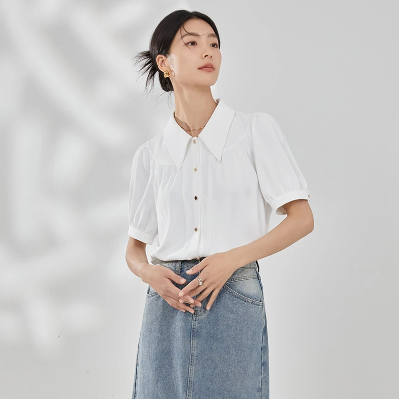曼贝8492015曼贝白色衬衫女夏季时尚通勤短袖上衣法式高级感衬衣
