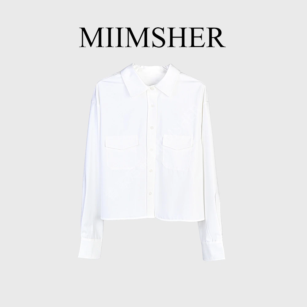 MIIMSHER简约白色双口袋秋季新款时尚气质女短款长袖衬衫MS243065