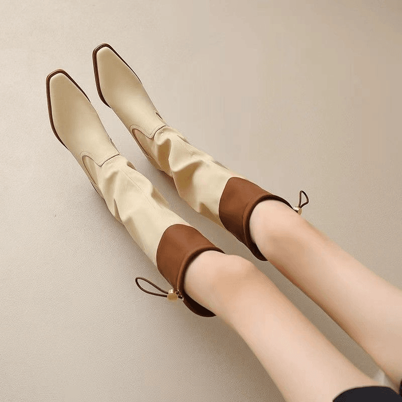 秋冬季新款方头洋气靴粗跟不过膝高筒弹力长靴长筒增高粗跟长筒靴