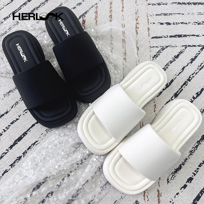 HERLOOK简约方头厚底拖鞋女款时尚外穿舒适不磨脚增高时尚一字拖