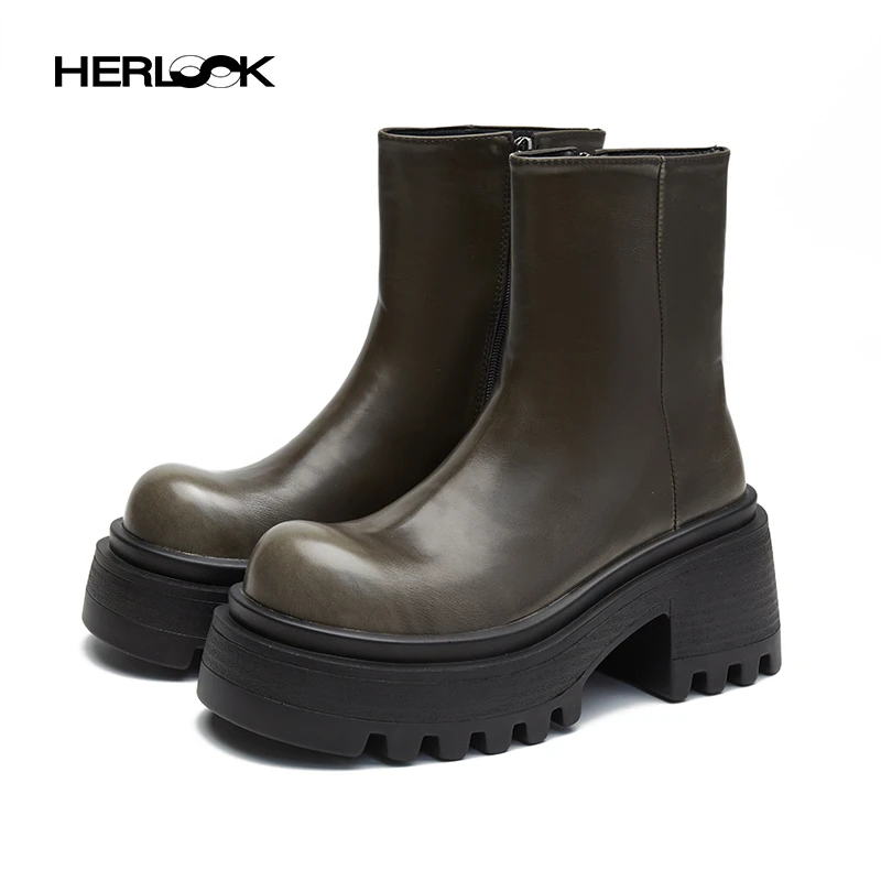 HERLOOK擦色侧拉链厚底短靴女复古甜酷风粉色皮靴增高瘦瘦靴百搭