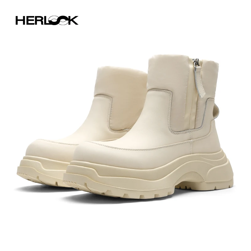 HERLOOK羽绒布厚底面包雪地靴女侧拉链加厚款增高中筒棉鞋