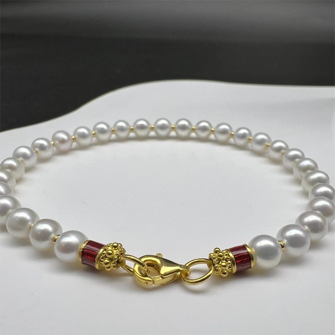 足金烧蓝路路通小米珍珠手链 4-5mm 链长16cm 足金约1.7g