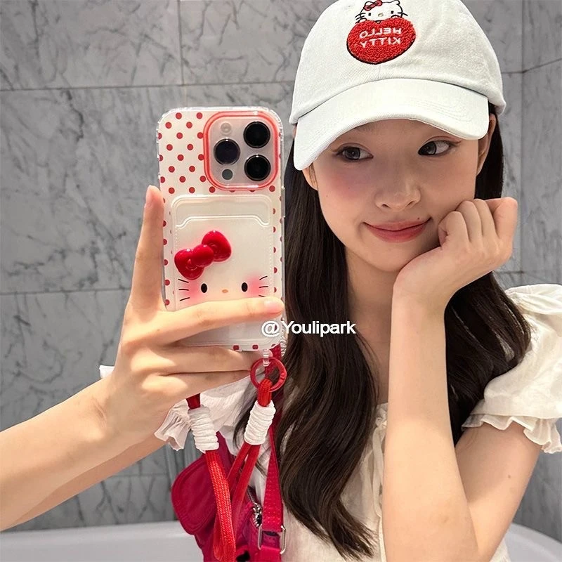 可爱脸红kt猫适用苹果16promax华为vivo小米14oppo挂绳卡包手机壳
