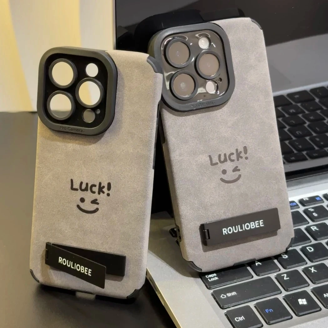 简约笑脸支架适用苹果iphone16华为vivoppo小米翻毛皮15pro手机壳