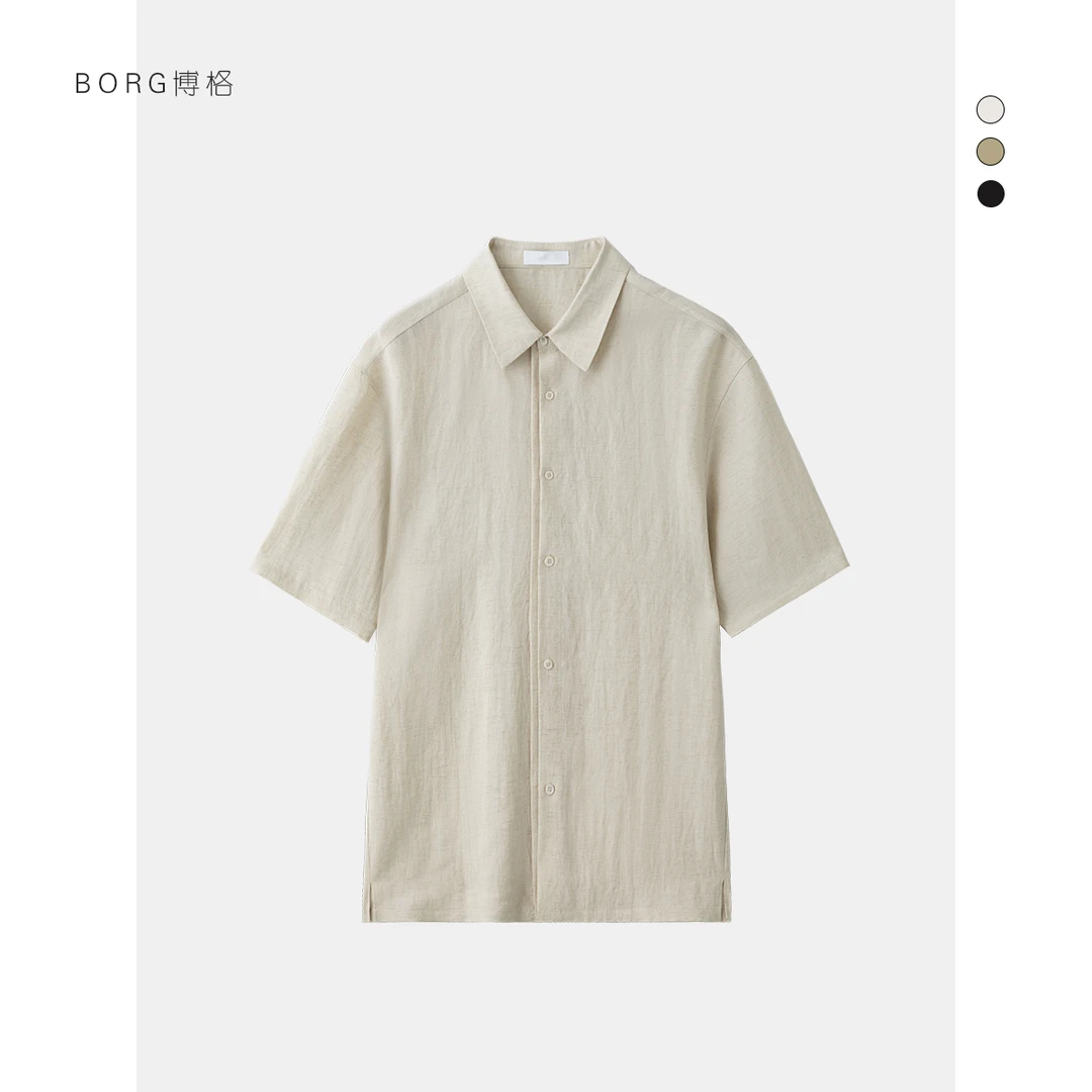 亚麻短袖衬衫男夏季薄款凉爽透气百搭休闲衬衣简约舒适短袖衬衣