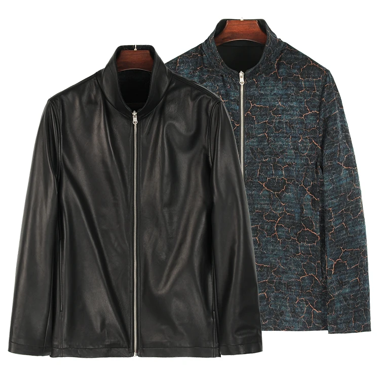 88927 男士双层双面穿立领羊皮外套 提花珍珠缎香云纱新中式上衣