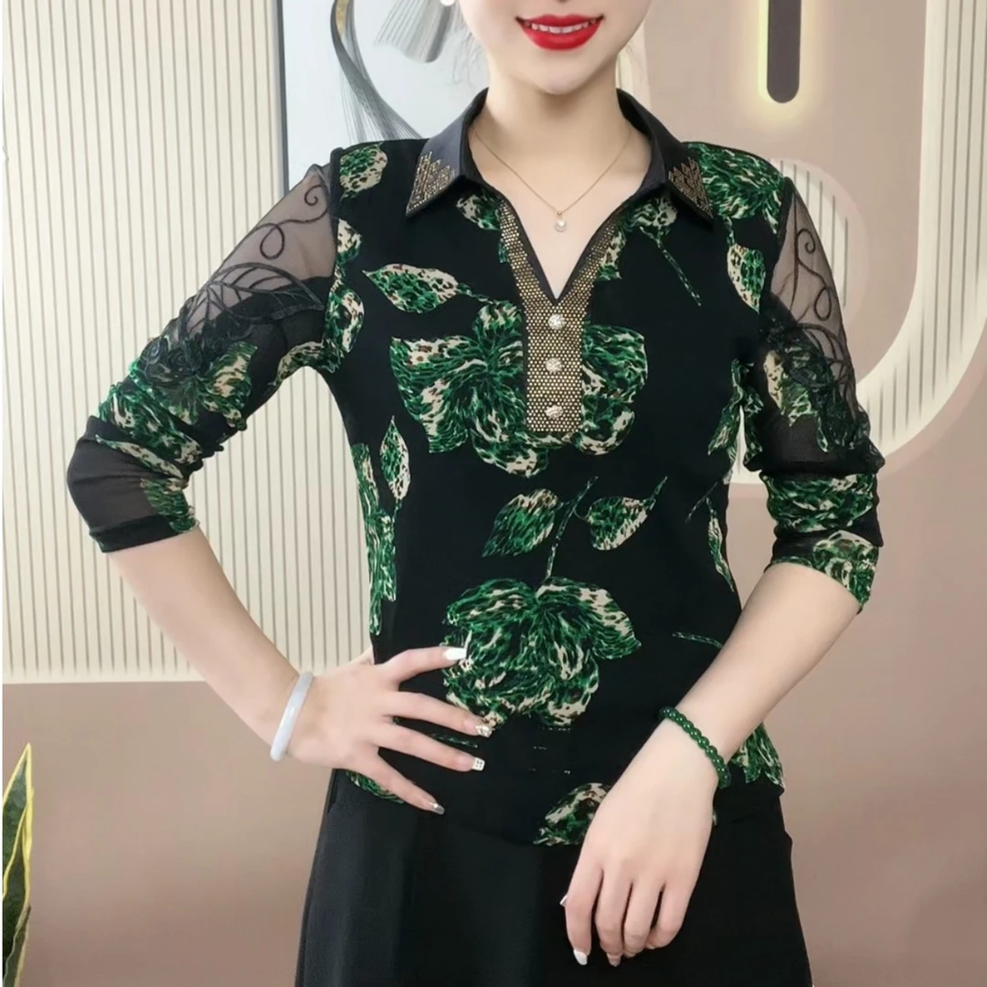 2024春夏季新品时尚特色翻领烫钻百搭精致女长袖遮肉显瘦款小衫