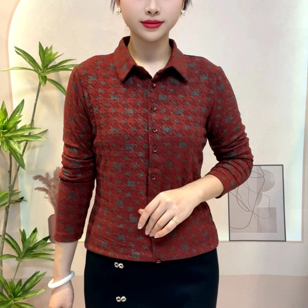 2024秋季新款衬衫领提花千鸟格女长袖休闲百搭显瘦遮肚洋气小衫
