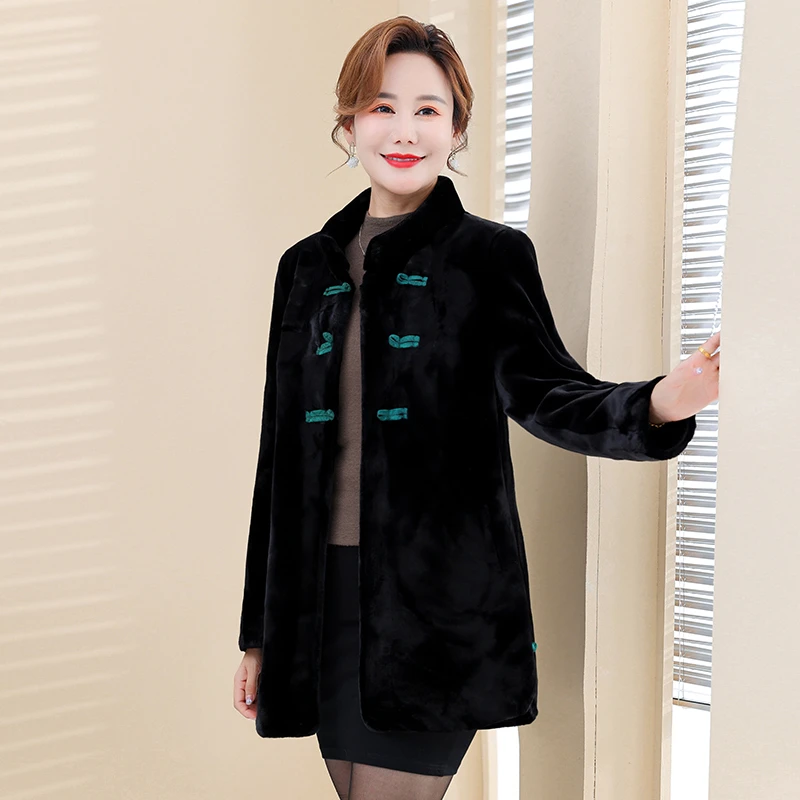 金狐狸冬季盘扣立领皮毛一体时尚中式妈妈装中老年保暖中长款外套
