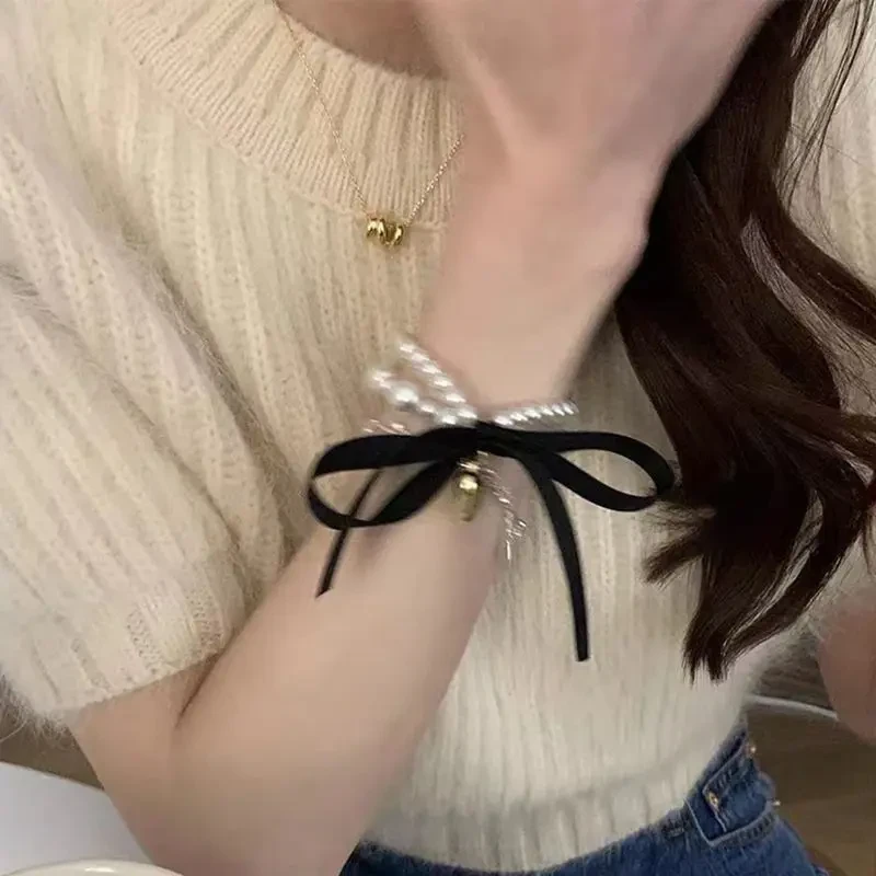 合成金属硅胶手链 【XD】韩ins风甜美少女蝴蝶结发圈手链新款黑色