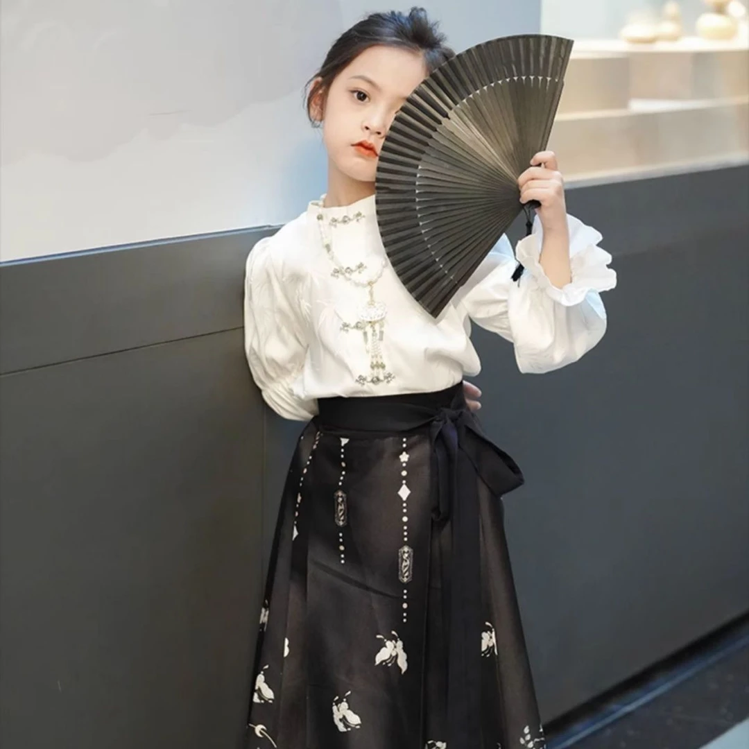 2023明制秋季新款马面裙童秋季国风印花马面裙高档马面裙女童