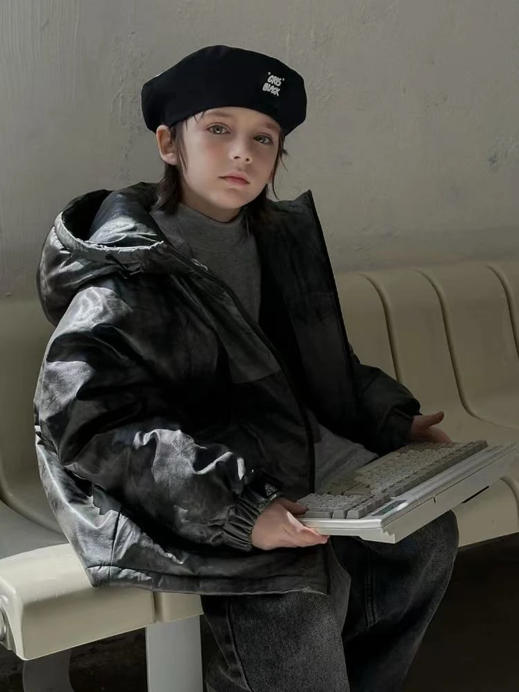 T-3216  2024冬季新款儿童童装夹棉带帽皮衣外套