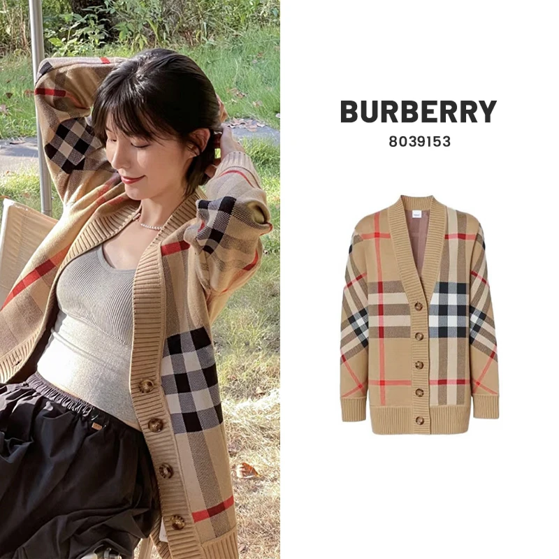 全新未使用 BURBERRY/博柏利 格纹美利奴羊毛针织开衫女装8039153