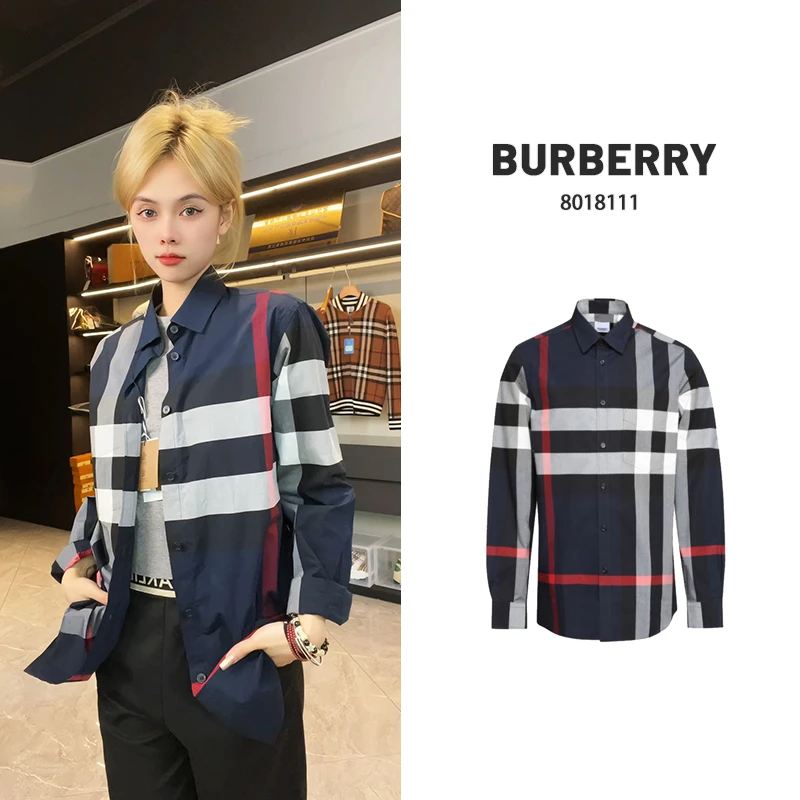 全新未使用 BURBERRY/博柏利 经典深蓝格纹长袖衬衫男装 8018111