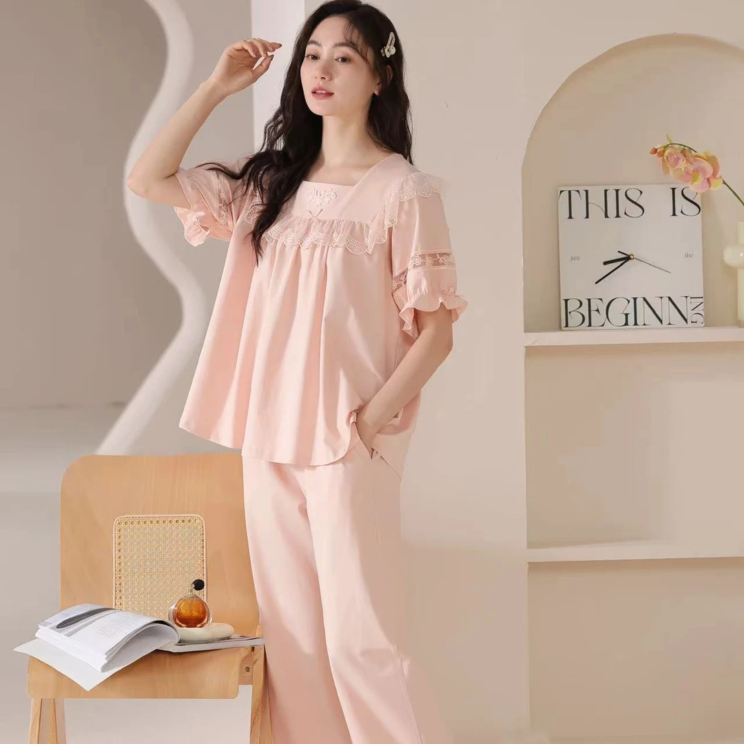 夏季新款短袖睡衣套装温柔气质宫廷风蕾丝花边宽松家居服套装2205