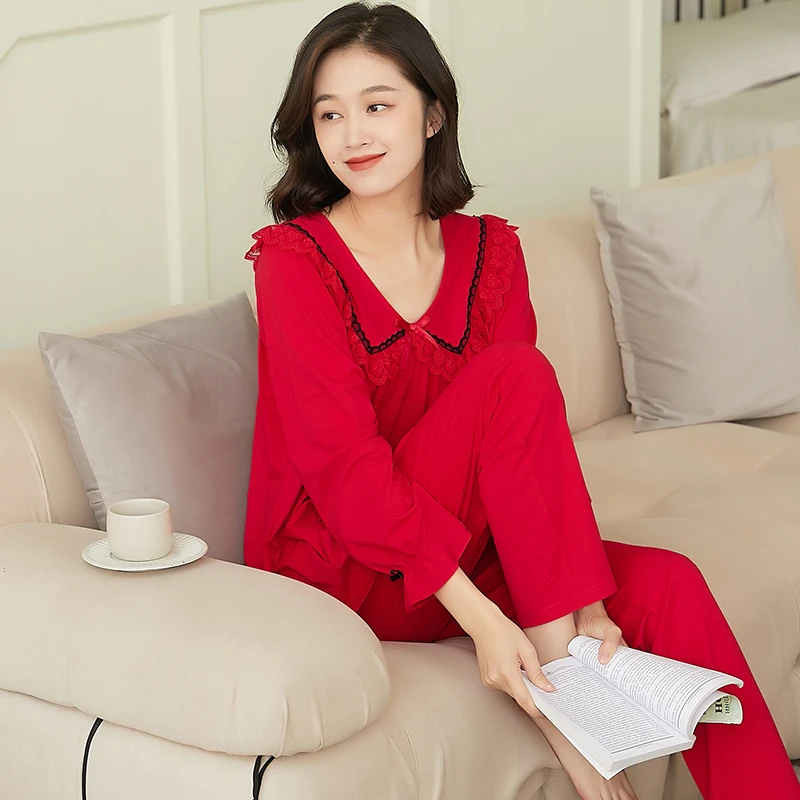 春秋款本命年长袖睡衣女娃娃领套头简约高档丝光棉红色家居服套装