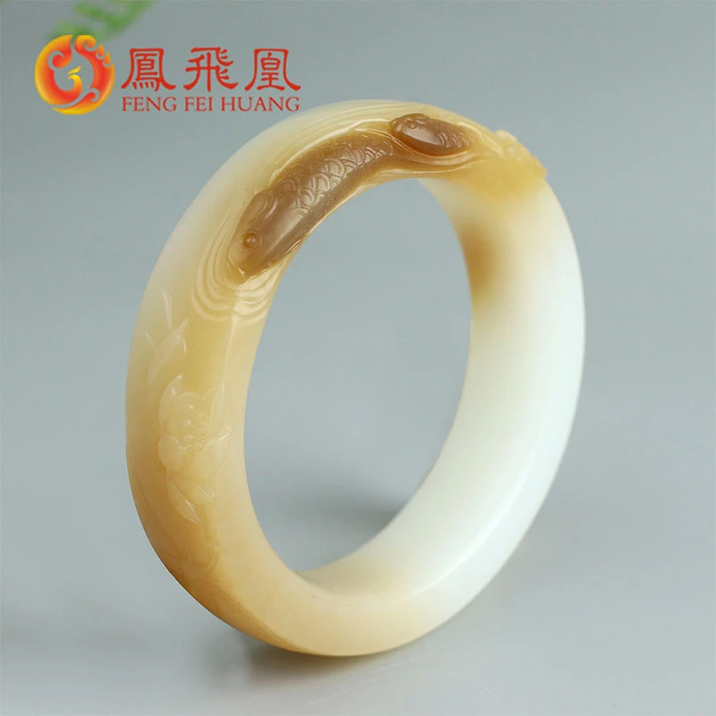 和田玉手镯女款玉镯子新疆糖羊脂白玉锦鲤荷花富贵镯力争上游56mm