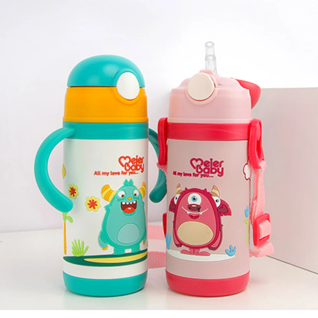 美儿贝比316钢轻便保温杯两用手柄背带便携防喷可爱水杯儿童幼儿