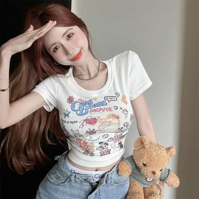 纯欲辣妹短款上衣卡通印花白色短袖t恤女ins潮2025夏季新款修身