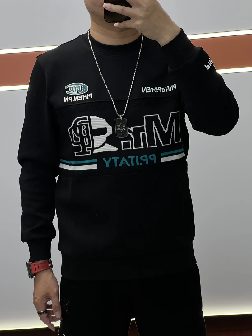 2024秋季新款男士字母刺绣拼接圆领卫衣