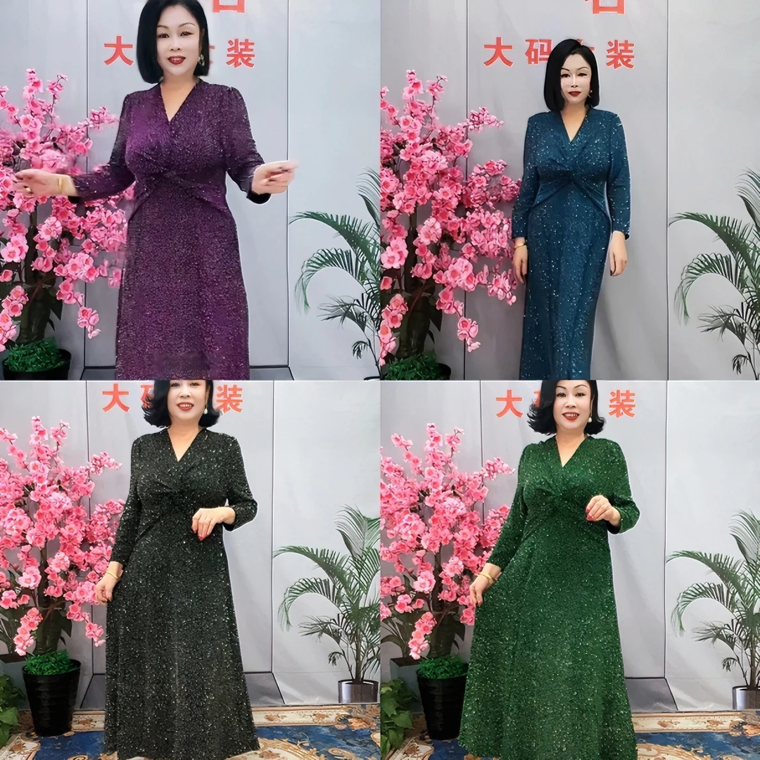 大码连衣裙珍珠丝时尚胖妈妈优雅知性复古礼服显瘦气质长袖女装