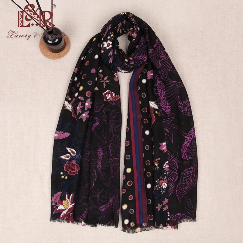 欧美风春秋冬中厚款柔软亲肤黑紫色植物花朵印花围巾披肩FRV0898