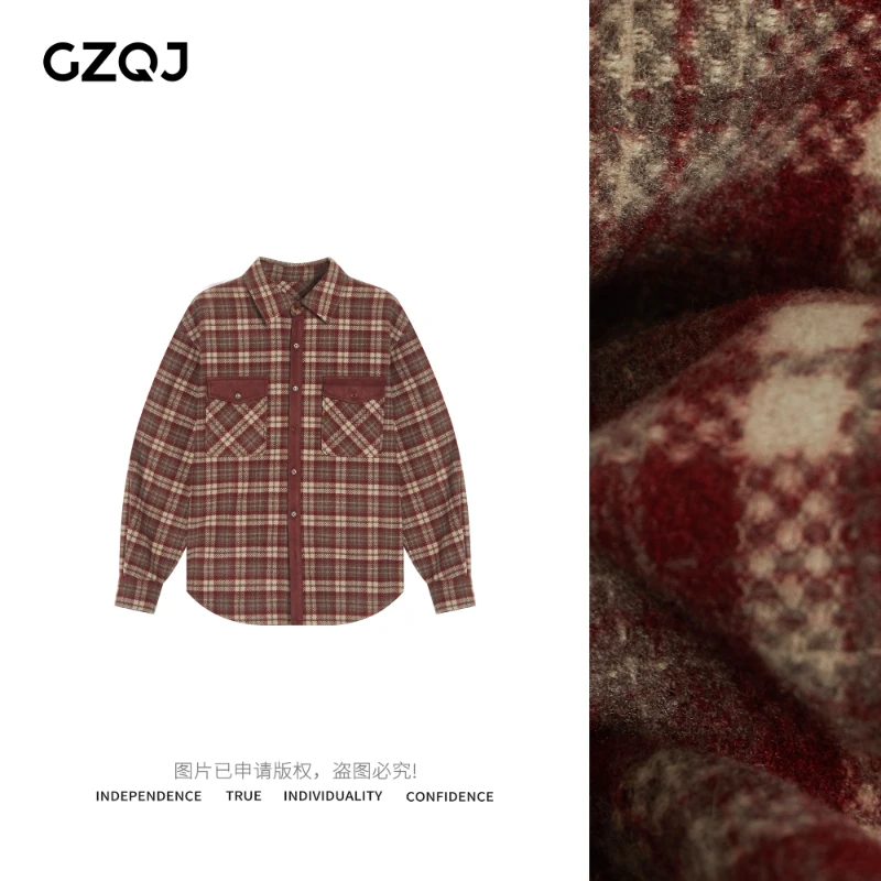 老琴私服【偶遇西雅图】格子拼接撞色单排扣翻领长袖衬衫女1434