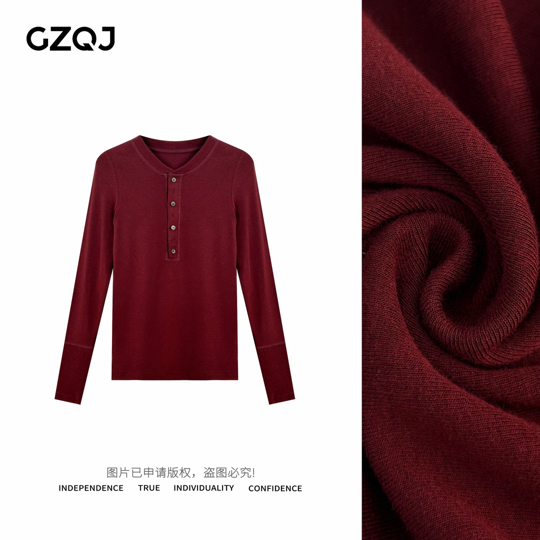 GZQJ【韩高学妹】 设计感圆领单排扣气质修身显瘦长袖T恤女秋 23445