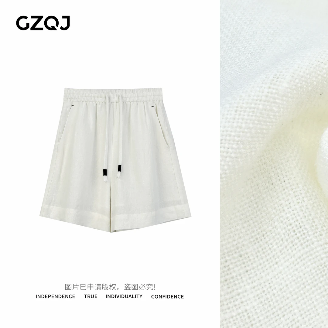 老琴私服 【高分日常】 100亚麻设计感抽绳高腰阔腿休闲短裤女 611