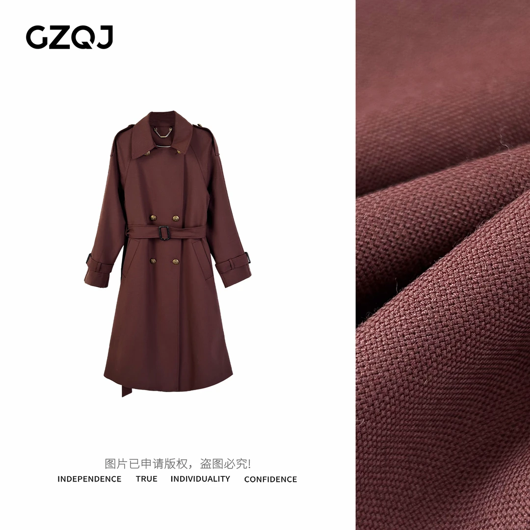 GZQJ【微醺红酒】100绵羊毛长款百搭轻奢气质风衣外套女秋冬9802
