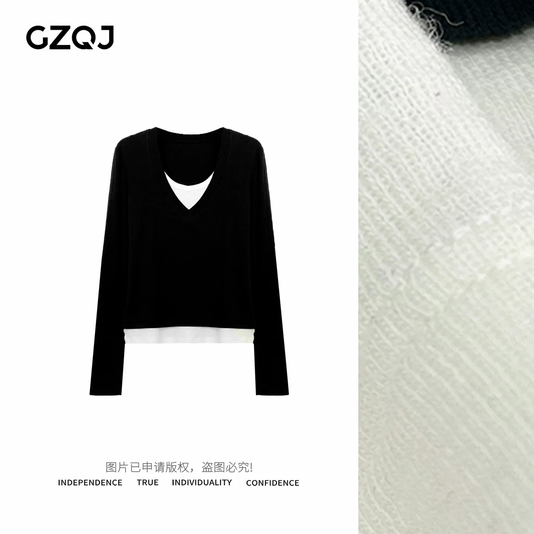 GZQJ【嘎嘎显瘦】小众设计感拼接假两件长袖上衣女秋打底衫 20110