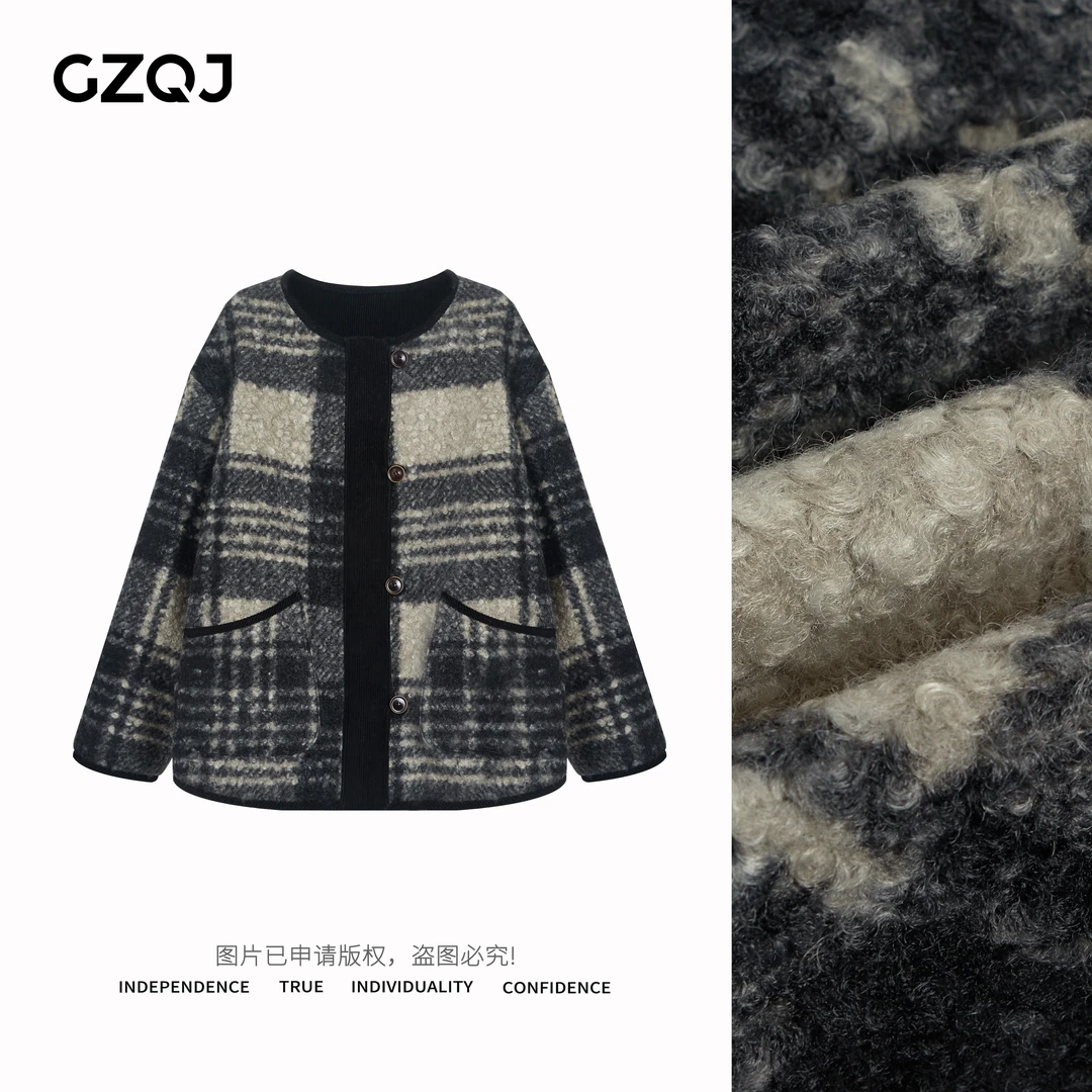 老琴私服【首尔定制】格子小香风时尚百搭保暖毛呢羽绒外套女1425