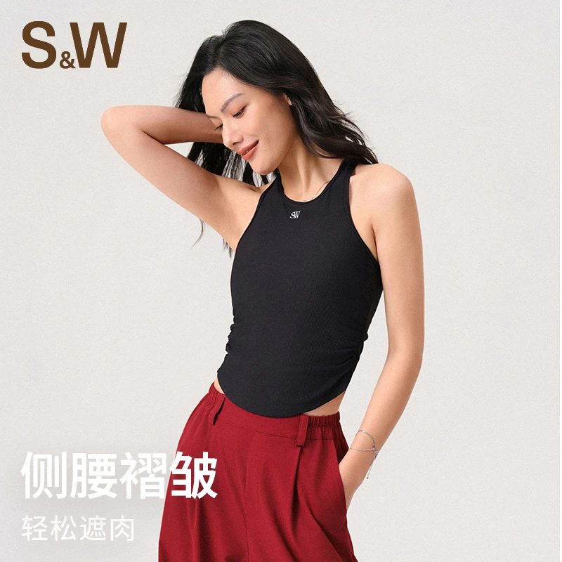 SW速惟 小圆领运动背心侧腰抓褶显瘦小设计宽肩带一体式背心 8181