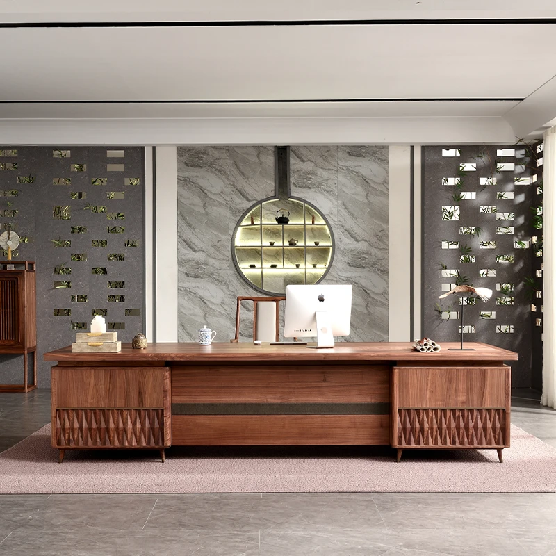 苏木轩新中式黑胡桃木老板桌实木办公室桌现代书桌大班台家具YZ40