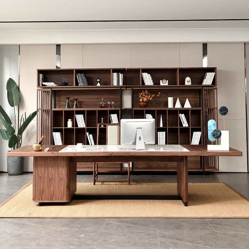 苏木轩新中式老板桌北美黑胡桃木简约大班台实木办公室大书桌YZ76