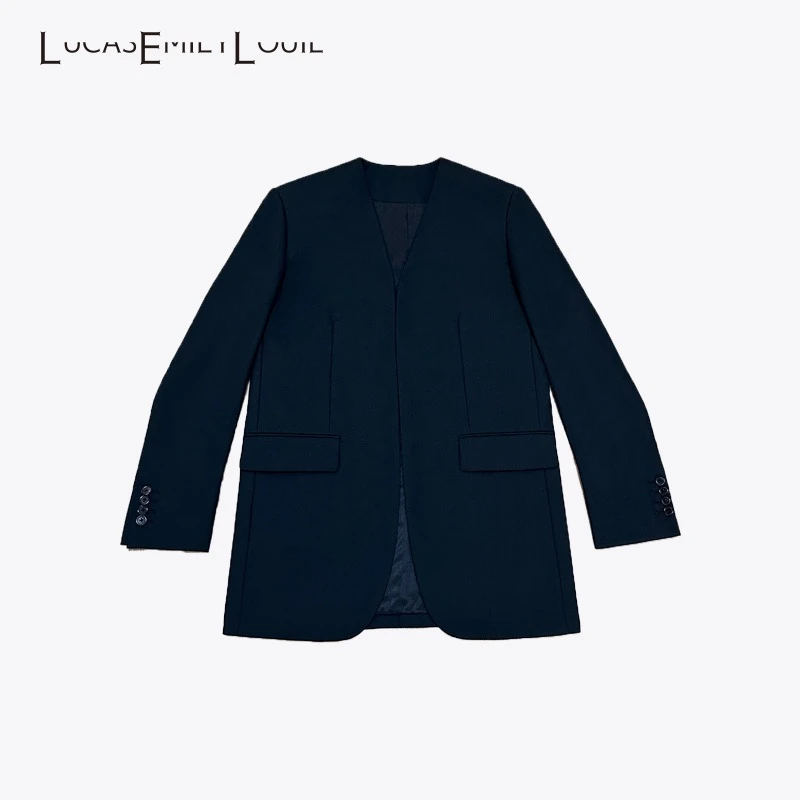 LUCASEMILYLOUIE 极简廓形西庄羊毛混纺休闲通勤无领上衣233021