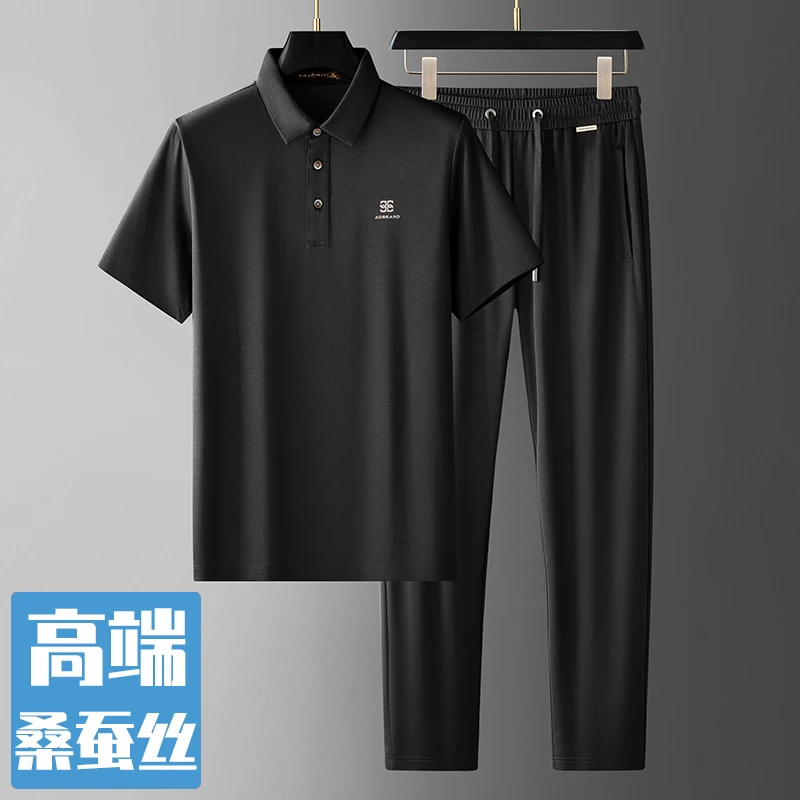 高端桑蚕丝休闲运动大码男夏季薄款翻领短袖POLO衫轻奢长裤两件套