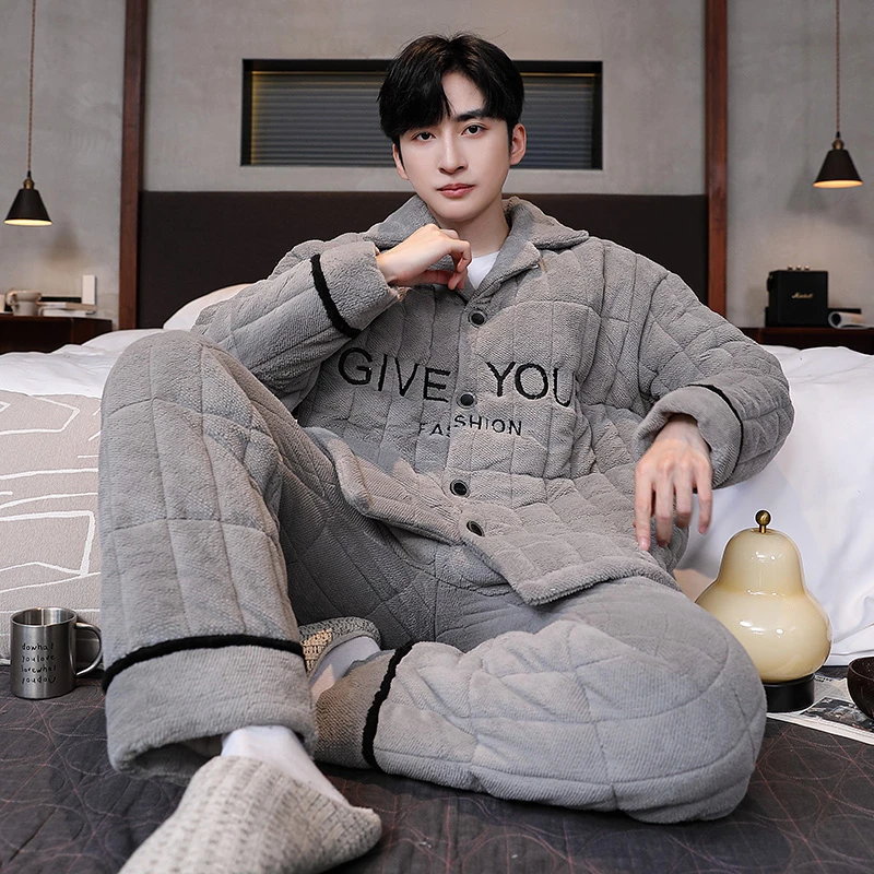 睡衣男冬季加厚加绒三层夹棉2024新款冬天特厚抗寒高档家居服套装