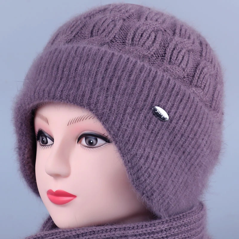 秋冬季妈妈帽子女士加厚护耳保暖帽兔毛线针织老人奶奶老太太棉帽