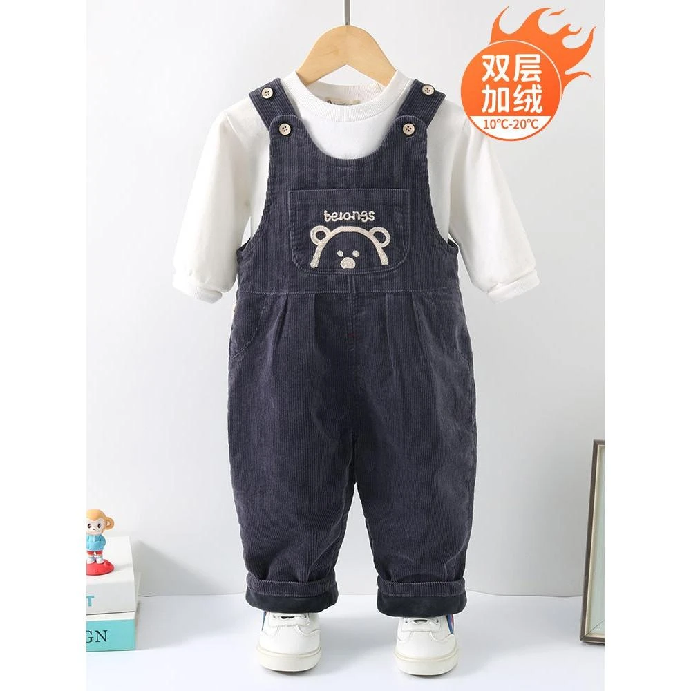 新品巴拉巴拉宝宝加绒背带裤加厚男女宝宝秋装2023新款儿童灯芯绒