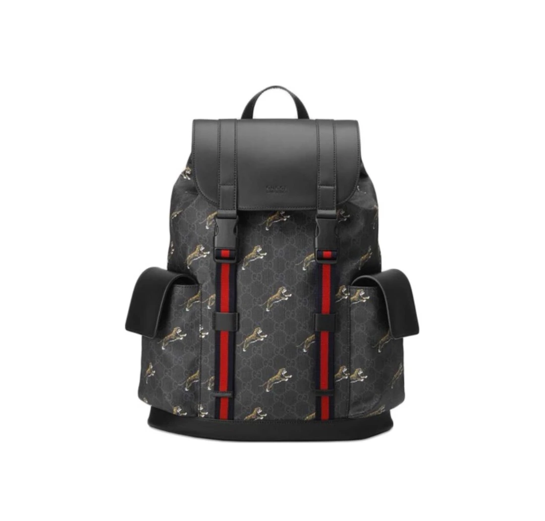 99新 GUCCI/古驰 经典老虎印花logo经典中古/黑色/双肩包