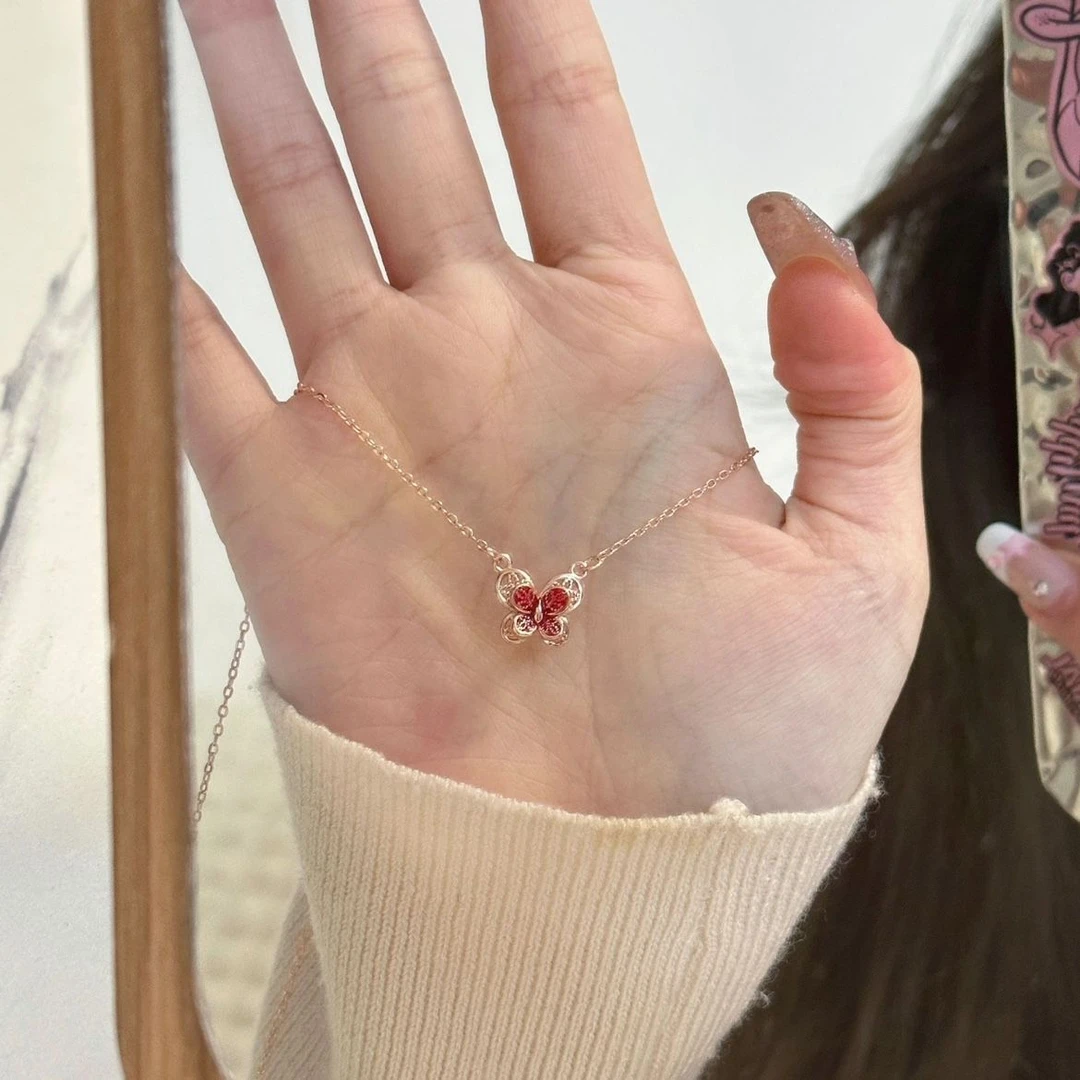 合金合成锆石项链 花丝蝴蝶项链爱心新中式项链项链ins蝴蝶简约